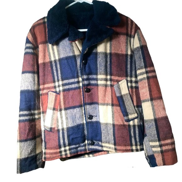Vintage Jackets & Blazers - Vintage 60s Brown Navy Plaid Flannel Teddy Wool Shirt Jacket